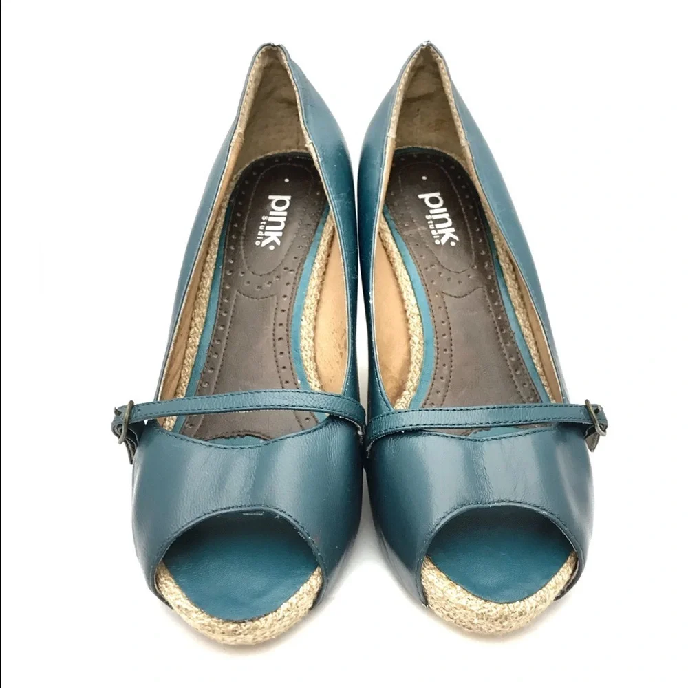 Pink Studio Leather Green Wedge Heel Women 7M Open Toe Anthropologie‎